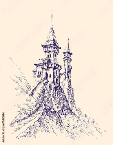 Beautiful castle with towers on top of the mountain and stairs that go up vector hand drawing