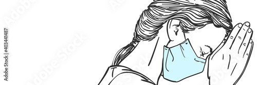 Sketch of woman in medical face mask praying with hands folded in worship, eyes closed, coronavirus pandemic problem suffering, Long banner with space for text, Hand drawn vector illustration