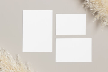 Wedding invitation stationery mockup with a pampas decoration. Dimensions: 5x7", 5x3.5", 6x4".