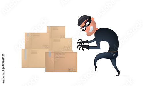 Thief worker steals parcels in post office. Masked man in black suit stole cardboard box. Flat design cartoon style. Vector illustration, isolated.