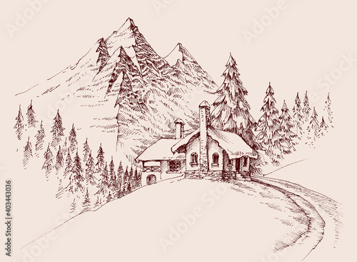 Mountain refuge cabin. Winter alpine landscape vector hand drawing