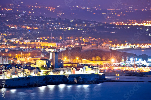 French riviera. Historic town of Antibes coastline and landmarks evening view