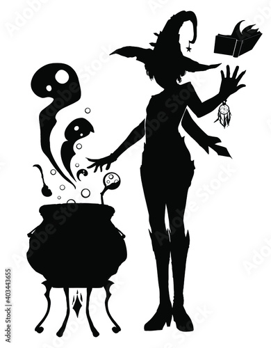 Silhouette of a young witch in a huge hat, she cooks a potion in a cauldron from which ghosts fly out, she has a magic book flying over her hand. 2d illustration