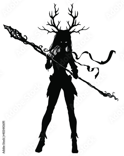 The silhouette of a young dryad with deer antlers on her head and a staff of Koreas in her hands, she has beautiful hair and a long scarf, she looks with disbelief. 2d illustration