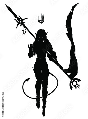 The silhouette of a young girl dark elf demon, she is a sorceress floating in the air with a staff that is both a flag and a spear, above her head a spiked crown, behind her back a tail with an arrow 
