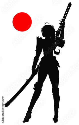 Silhouette of a swordsman girl with a huge two-handed katana that is larger than herself, she easily holds it, posing against the background of the red sun, she has a long pigtail on her head . 2d
