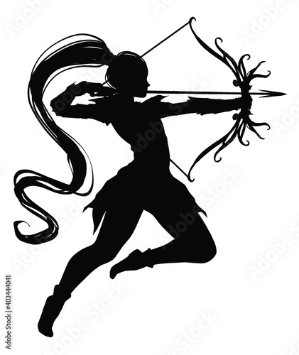 Silhouette girl archer elf in a dynamic graceful jump pulls an arrow ready to shoot, she has a patterned bow, leather armor, and a long tail on her head . 2d illustration