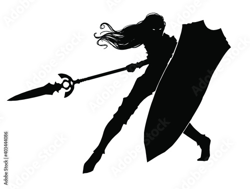 Silhouette of a female knight with a huge tower shield and a long beautiful spear in a dynamic action pose, she has long hair, she is in plate armor, her eyes glow in the dark. 2d illustration
