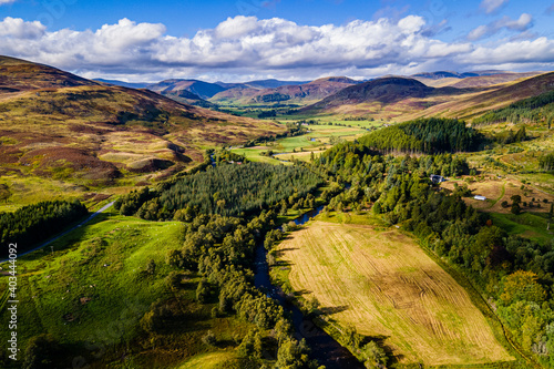 Aerial of the beautiful scenery around Dalnaglar Castle, Glenshee, Perthshire, Scotland, United Kingdom, Europe photo