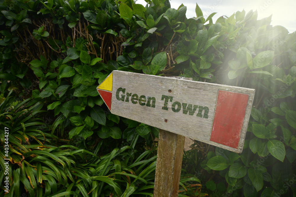 vintage old wooden signboard with text green town near the green plants.