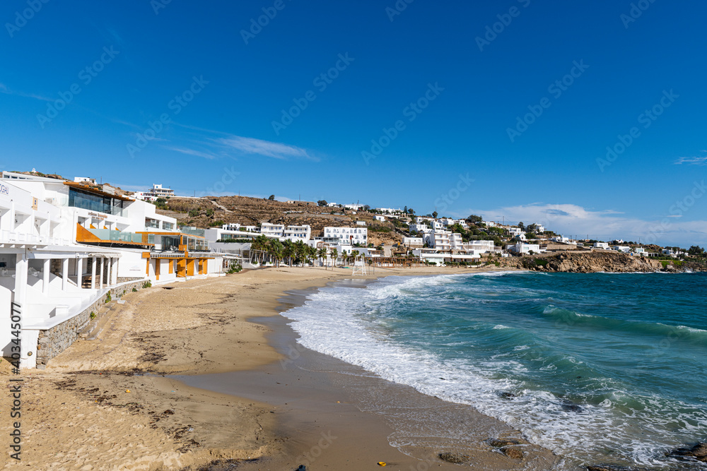 Paralia Platis Gialos beach, Mykonos, Cyclades, Greek Islands, Greece, Europe Paralia Platis Gialos beach, Mykonos, Cyclades, Greek Islands, Greece, Europe