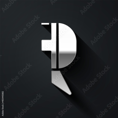 Silver Fencing helmet mask icon isolated on black background. Traditional sport defense. Long shadow style. Vector Illustration.