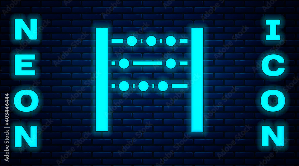 Glowing neon Abacus icon isolated on brick wall background. Traditional counting frame. Education sign. Mathematics school. Vector Illustration.