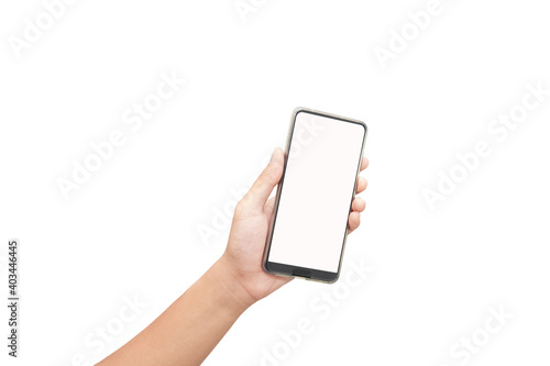 Man holding mobile phone with blank screen on white background.