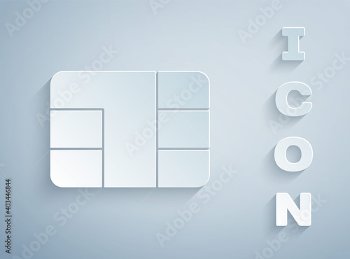 Paper cut Credit card with chip icon isolated on grey background. Contactless payment. Paper art style. Vector Illustration.