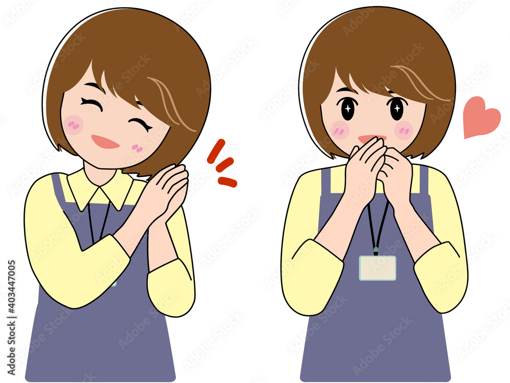 お願いと嬉しさを表現するショートヘアの女性スタッフ お願いと嬉しさを表現するショートヘアの女性スタッフ