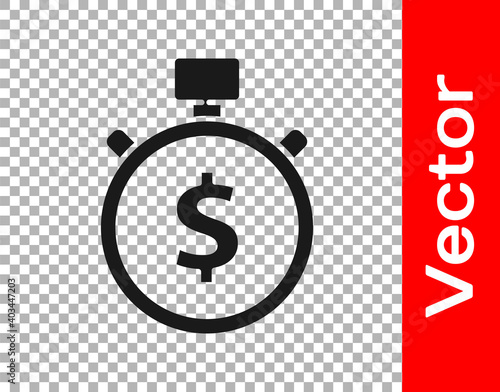Black Time is money icon isolated on transparent background. Money is time. Effective time management. Convert time to money. Stopwatch. Vector Illustration.