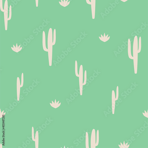 Children's seamless pattern with cactus on green background in cartoon style. Cute texture for kids room design, Wallpaper, textiles, wrapping paper, apparel. Vector illustration