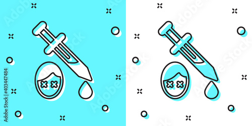 Black line Sword with blood icon isolated on green and white background. Medieval weapons knight and soldier. Symbol of murder. Random dynamic shapes. Vector.