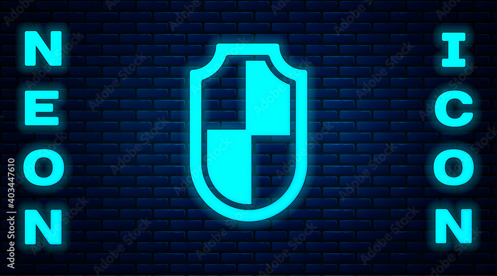 Glowing neon Shield icon isolated on brick wall background. Guard sign. Security, safety, protection, privacy concept. Vector. Glowing neon Shield icon isolated on brick wall background. Guard sign. Security, safety, protection, privacy concept. Vector.