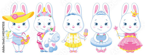 White rabbit paper doll characters set. Cartoon vector illustration