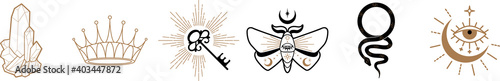 Sacred Witch and Mystical Symbols, Witch hand drawn magic element,witchcraft crystal, crown, moth, snake, key, evil eye mystery tattoo vector illustration icons set