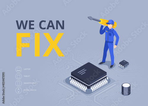 isometric vector illustration on a gray background, a man in work clothes with a large stand on the electronic board, we can fix, repair and configure devices