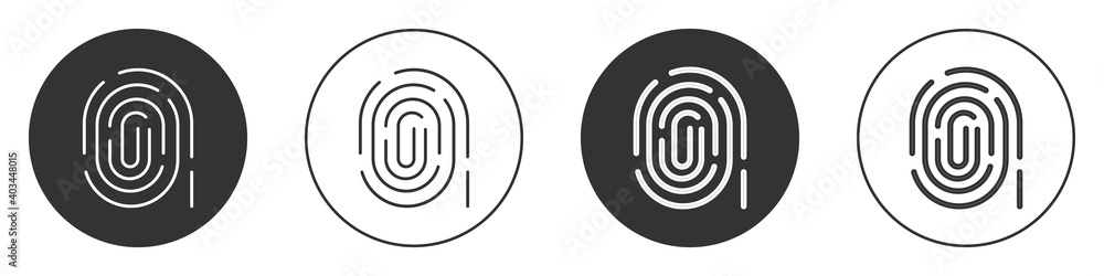 Black Fingerprint icon isolated on white background. ID app icon. Identification sign. Touch id. Circle button. Vector. Black Fingerprint icon isolated on white background. ID app icon. Identification sign. Touch id. Circle button. Vector.