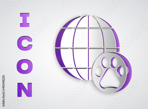 Paper cut World pet icon isolated on grey background. Paper art style. Vector.