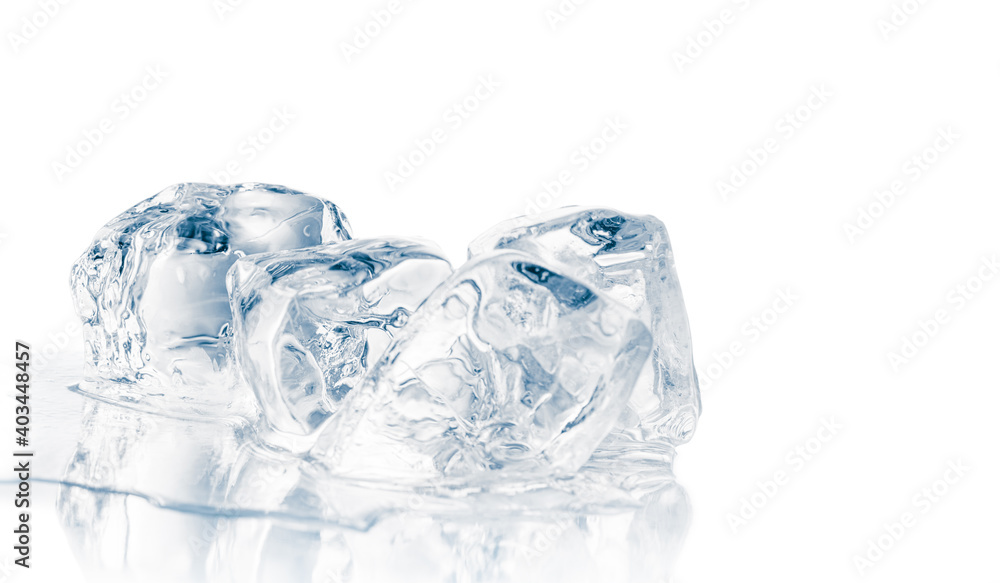 Natural crystal clear melting ice cubes on white background. Natural crystal clear melting ice cubes on white background.