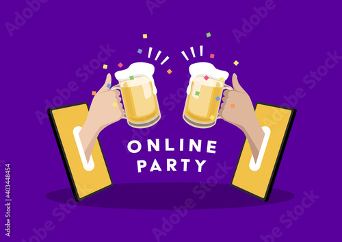Online party. Two hands holding beer out of a mobile phone. Celebrate with friends at home with video call. Social Distancing concept.
