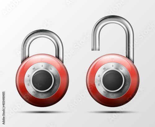 realistic open & close padlock. Steel Mechanical Combination lock. Privacy illustration Enter the PIN code. Electronic lock icon. Reliable Protection badge. Code combination open & close symbol
