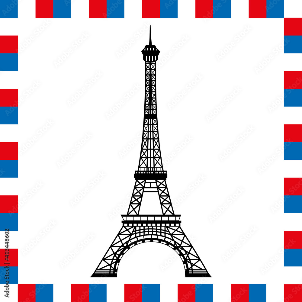 Eiffel Tower. Paris, France. Europe. French flag frame. Vector illustration.