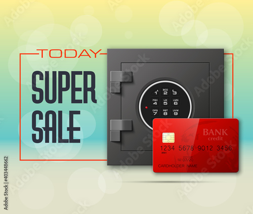 Credit card & Electronic lock picture. Bank door card & image combination lock front side banner. Plastic card & steel safe. Debit card & electromagnetic locking devices chip. Online payment banner