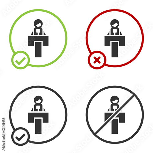 Black Stage stand or debate podium rostrum icon isolated on white background. Conference speech tribune. Circle button. Vector.