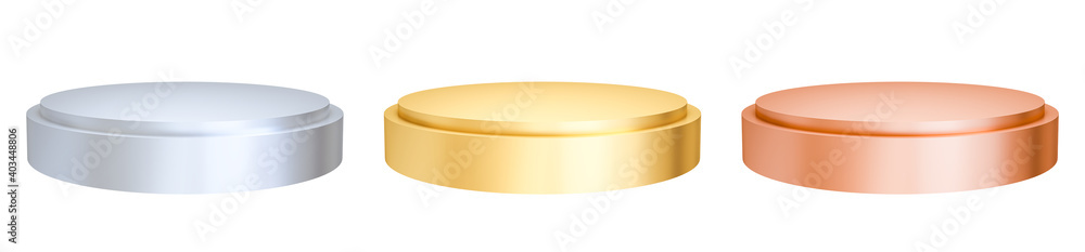 collection of blank cylinder podium isolated on white blackground, gold silver and bronze stand, winner concept. for showcase product, 3D render collection of blank cylinder podium isolated on white blackground, gold silver and bronze stand, winner concept. for showcase product, 3D render