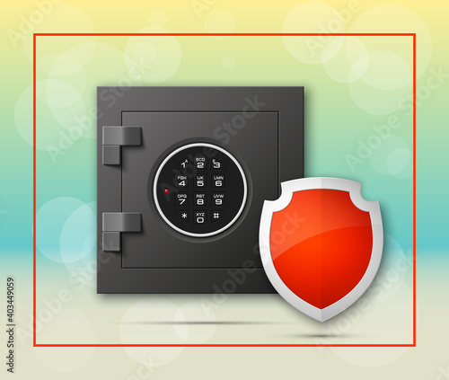 Protection shield strongbox. Safety badge banking. Defense safeguard shield finans icon. Security bank software. Financial shield guard. Privacy Electronic money funds transfer. Deposits investments