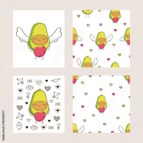 Set of cards and seamless patterns. Cute avocados with wings and hears for gift wrap, textile, wallpapers and scrapbooking. Backgrounds for Valentine's Day, birthday, Mother's Day, wedding. Vector.
