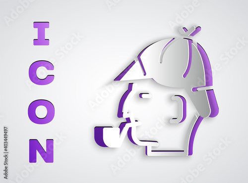 Paper cut Sherlock Holmes with smoking pipe icon isolated on grey background. Detective. Paper art style. Vector.