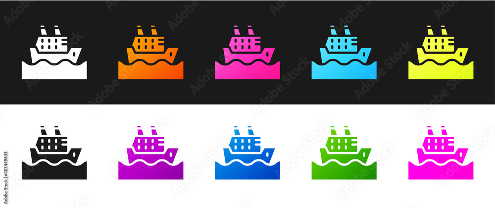 Fototapeta premium Set Cruise ship in ocean icon isolated on black and white background. Cruising the world. Vector.