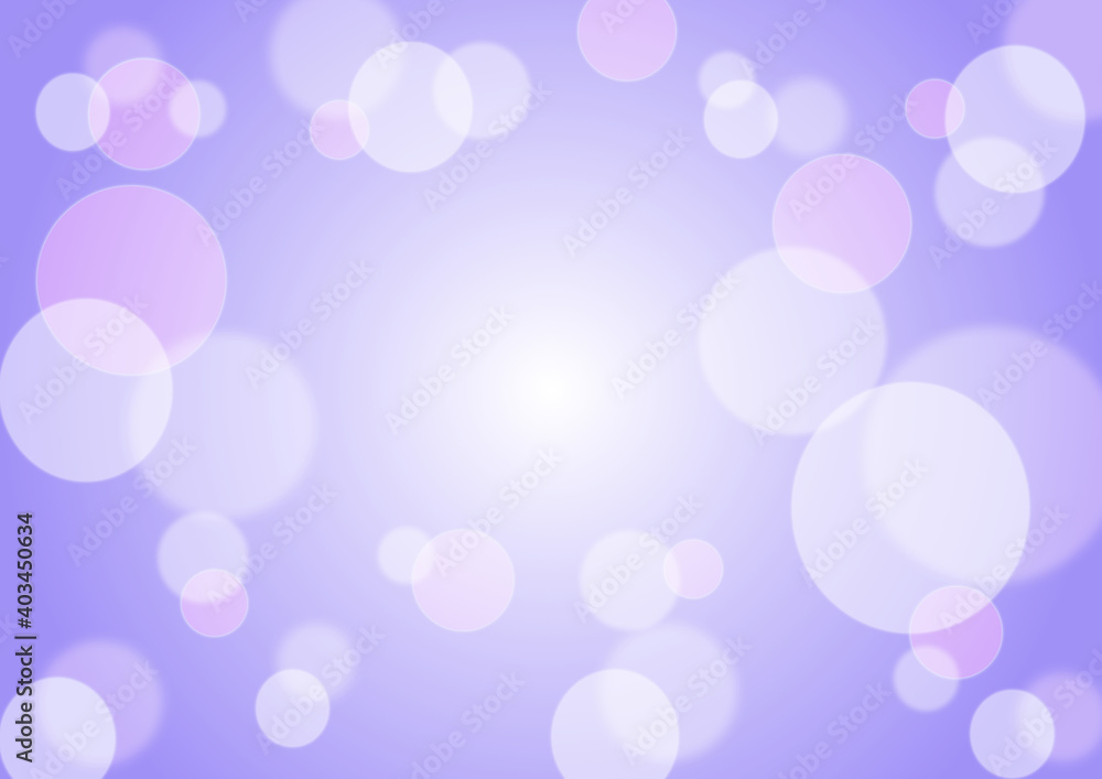 Purple abstract background with bokeh effect, white light reflection in the middle, white and pink translucent bubbles
