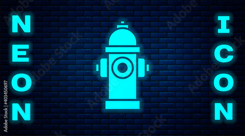 Glowing neon Fire hydrant icon isolated on brick wall background. Vector.