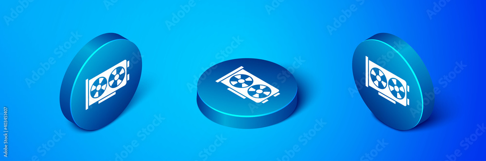 Isometric Video graphic card icon isolated on blue background. Blue circle button. Vector. Isometric Video graphic card icon isolated on blue background. Blue circle button. Vector.