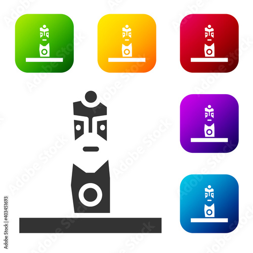 Black Slavic pagan idol icon isolated on white background. Antique ritual wooden idol. Set icons in color square buttons. Vector.
