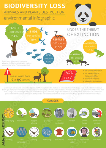 Global environmental problems. Biodiversiry loss infographic. Plants and animals destruction. Vector illustration