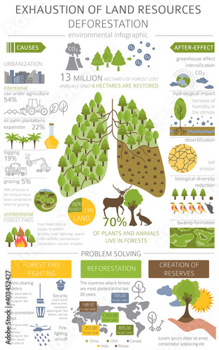 Global environmental problems. Exhaustion of land resources infographic. Deforestation. Vector illustration