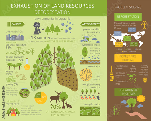 Global environmental problems. Exhaustion of land resources infographic. Deforestation. Vector illustration
