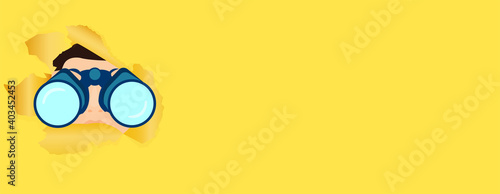 Vector of a person with binoculars looking through a torn hole in a yellow paper