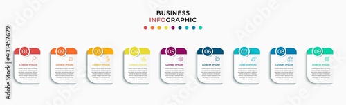 Minimal Business Infographics template. Timeline with 9 nine steps, options and marketing icons .Vector linear infographic with two circle conected elements. Can be use for presentation. Eps10 vector