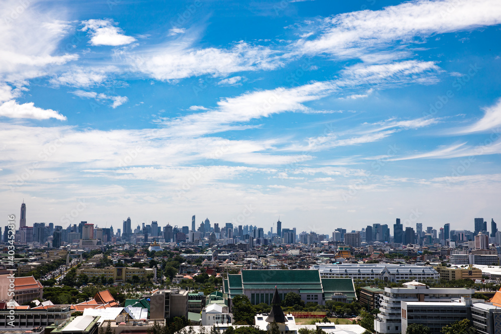 Fototapeta premium Skyline aerial view of the city of Bangkok Thailand, blue sky